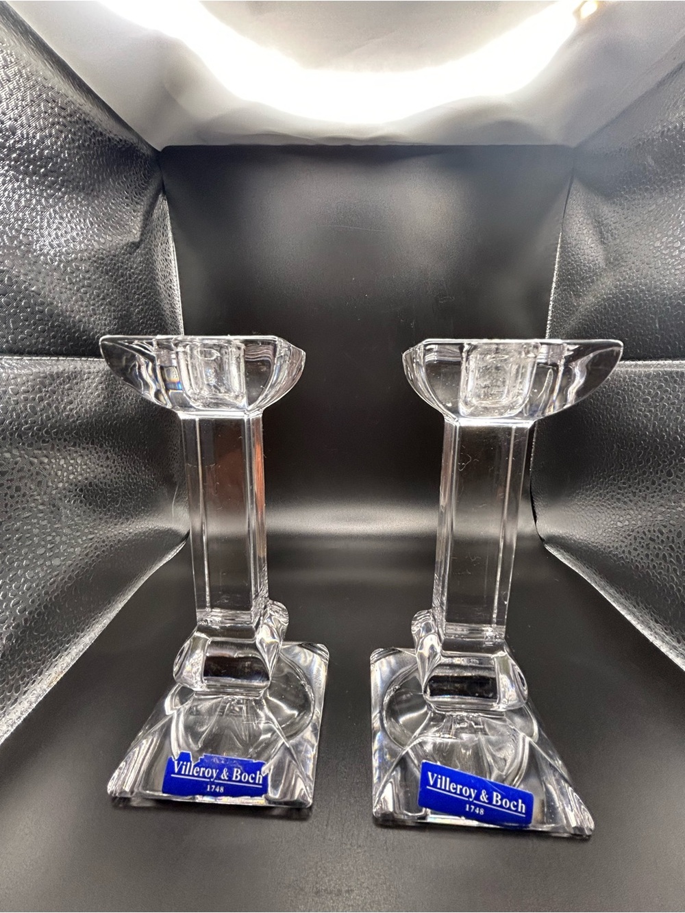 Villeroy & Boch Crystal Candlestick Holders Hexagonal Top Square Base Set of 2
